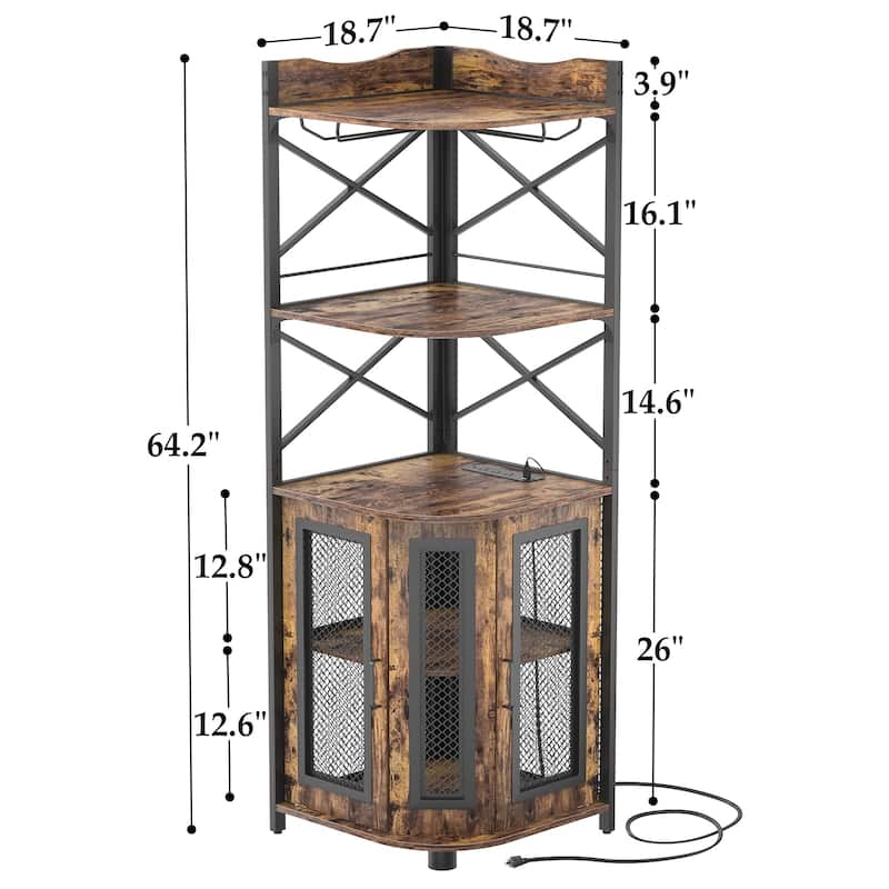 Corner Bar Cabinet with Charging Station and Ambiance Light, Liquor Display Storage Shelves with Glass Holder - Brown