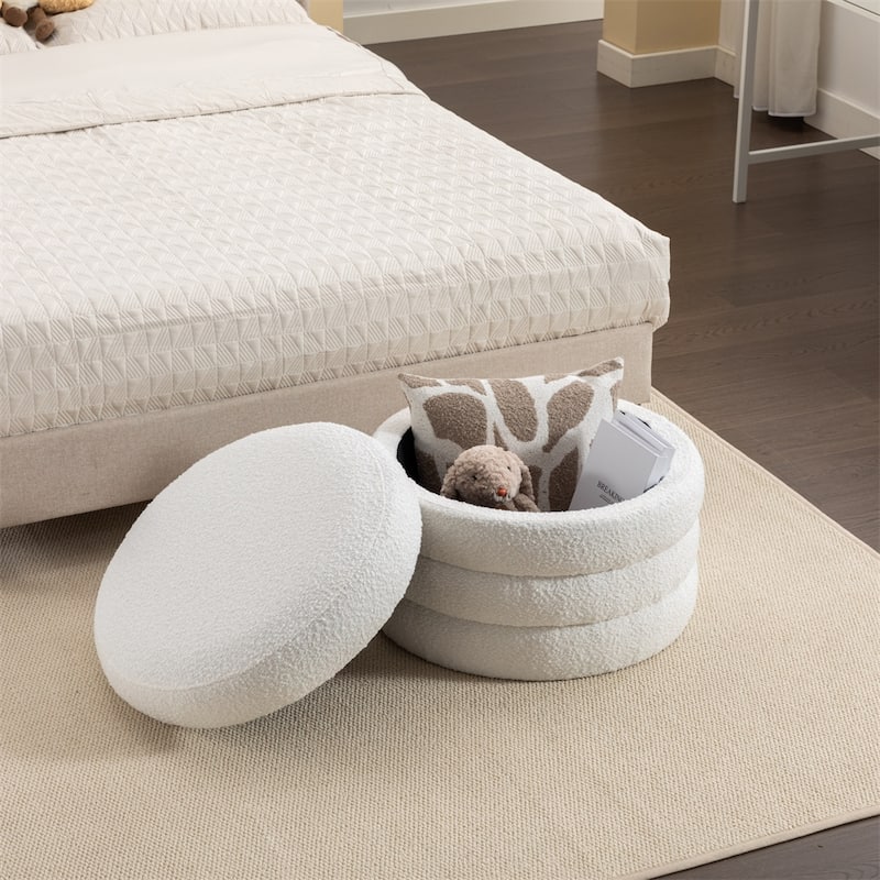 Fabric Storage Round Ottoman Footstool with Wooden Shelving