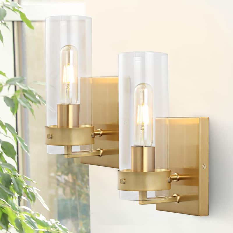 Tierra 4.5" 1-Light Coastal Minimalist Iron/Glass LED Sconce, Brass Gold/Clear (Set of 2) by JONATHAN Y