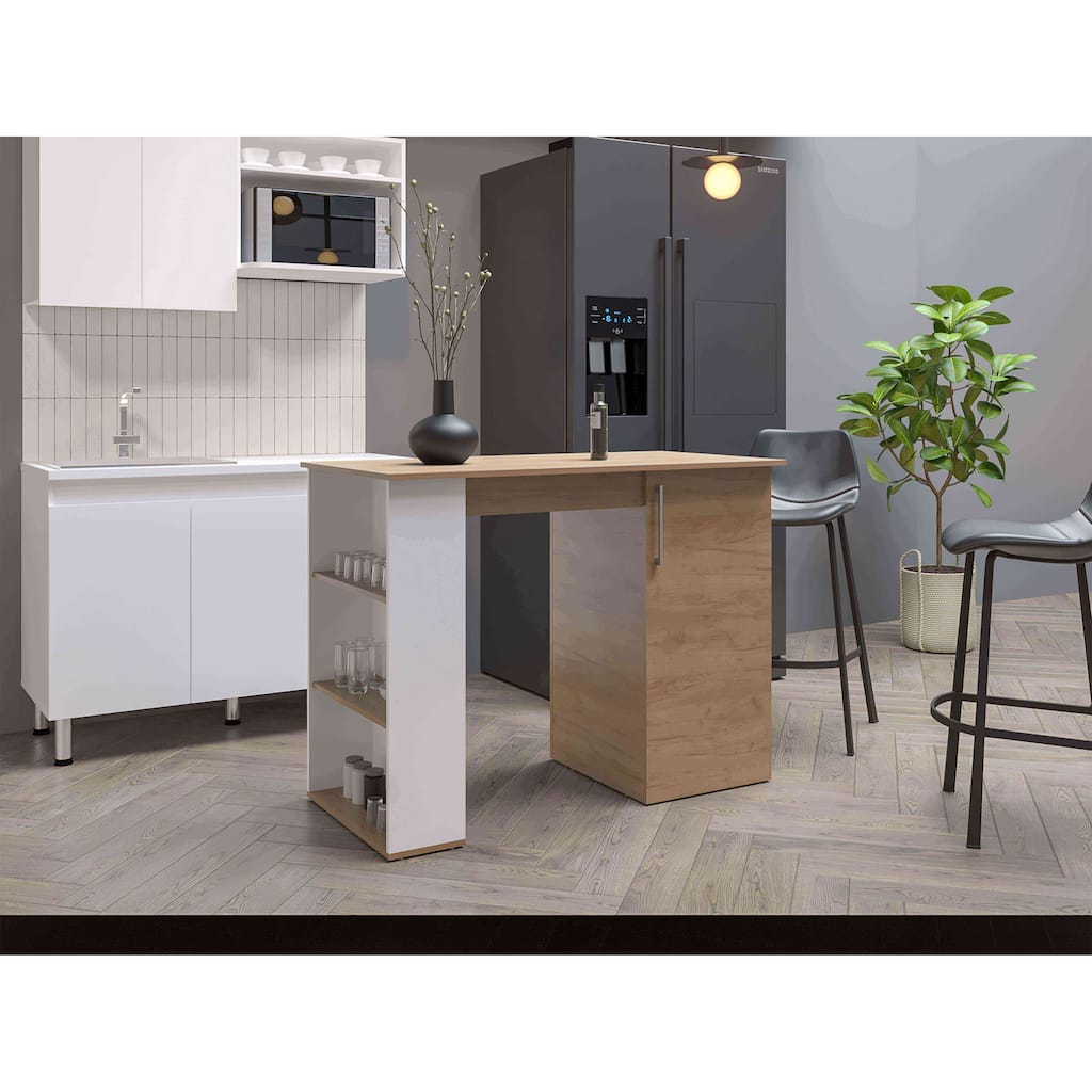 Modern Kitchen Island with Concealed Cabinet, Open Shelves & Bar-Height Dining Table - Stylish & Space-Saving