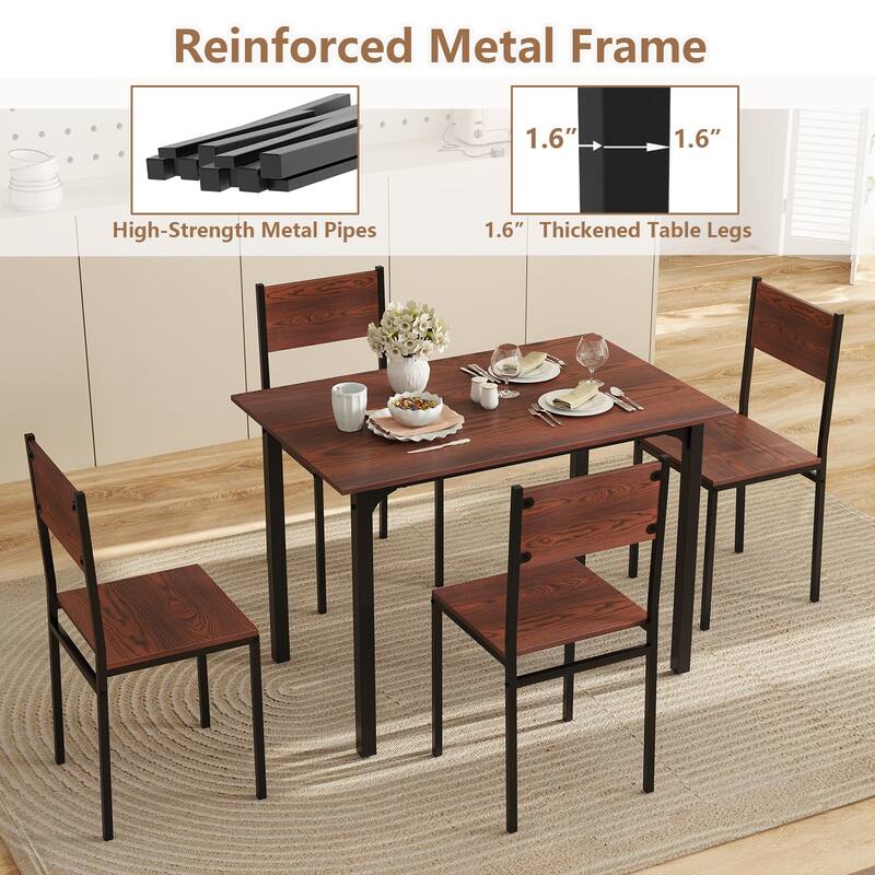 Walnut 5-Piece Dining Table Set with Metal Frame and Comfortable Chairs Perfect for Cozy Family Gatherings
