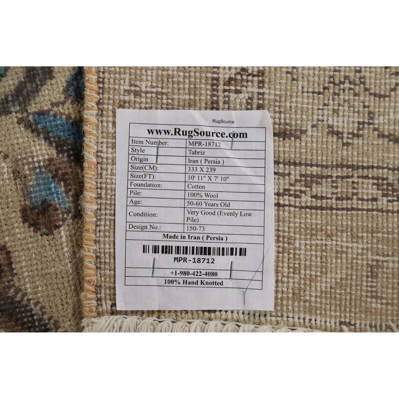 Distressed Beige Tabriz Vintage Persian Rug Hand-Knotted Wool Carpet - 7'10" x 10'11"