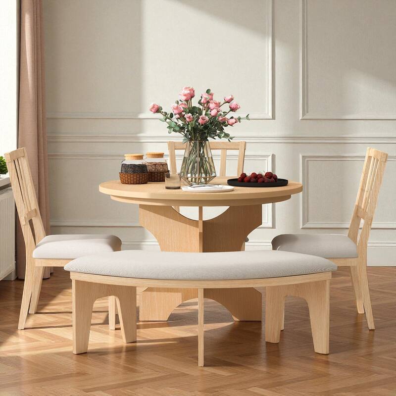 5-Piece Rustic Round Dining Table Set with 3 Upholstered Chairs and Curved Bench, Wood Farmhouse Kitchen Furniture