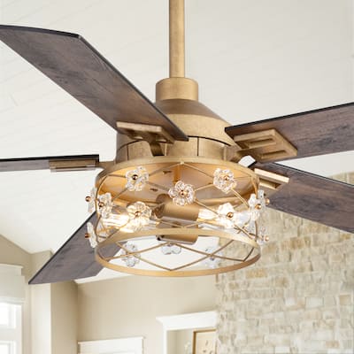 52" Reversible 5-Blade Farmhouse Glam Floral Glass Caged Ceiling Fan with Light and Remote