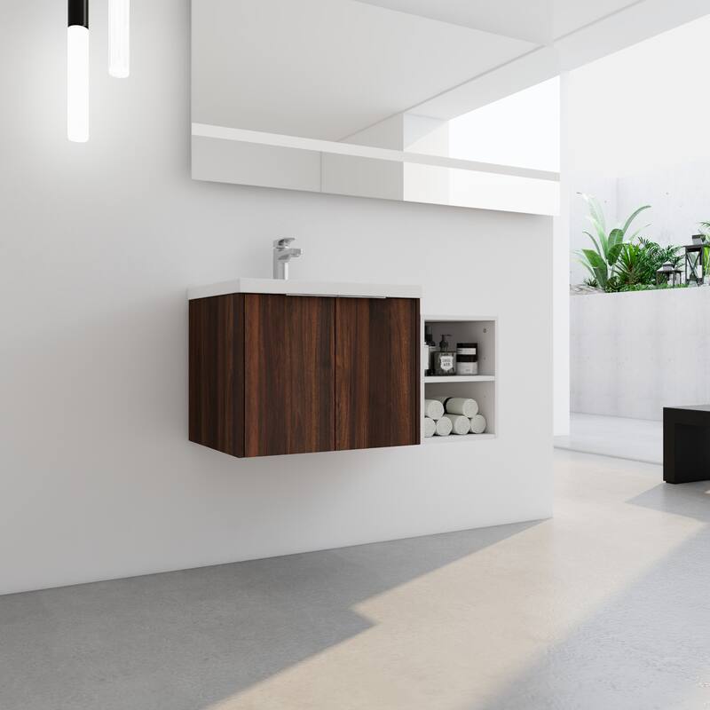 36" Wall-Mounted Bathroom Vanity with Resin Sink, Soft-Close Doors, Small Storage Shelves for Modern Bathrooms
