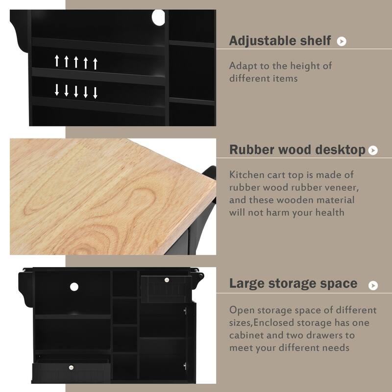 Rubberwood Kitchen Cart with Drop Leaf, Microwave storage rack, Exterior Shelves, and 2 drawers