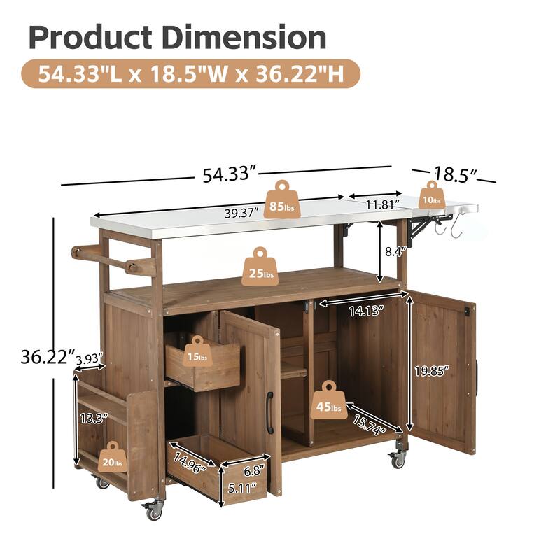 Christopher Knight Home - 54.33" Solid Wood Mobile Outdoor Kitchen Cart with Stainless Steel Top & Spice Rack & Lockable Wheels