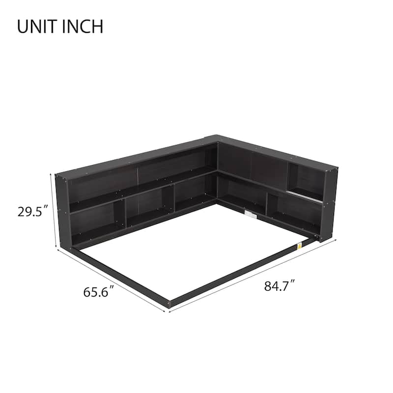 Full Size Wood Floor Bed with L-shaped Bookcases, sliding doors, without slats