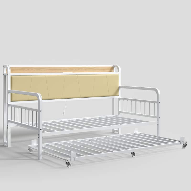 Javlergo White Modern Daybed with Trundle PU Leather Wood Headboard featuring AC USB Outlets for Living Room Bedroom Guest Room