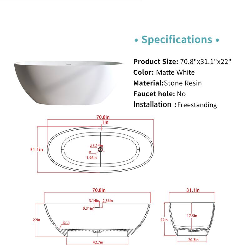 Premium Solid Surface Freestanding Soaking Bathtub with Center Drain and Pop-up Drain, Modern Matte White Tub with Overflow