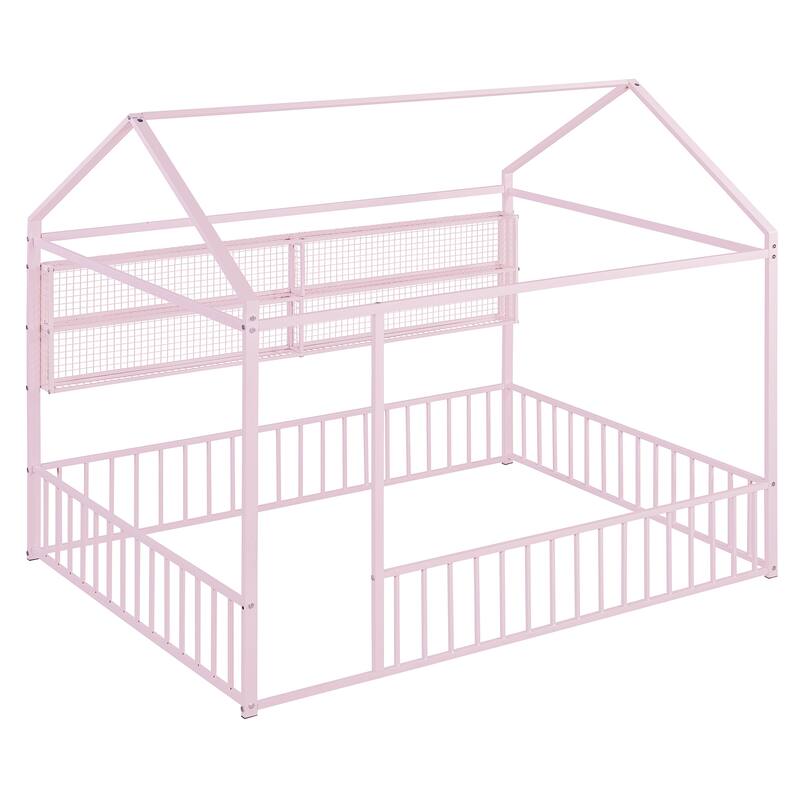 Full Size Metal House Bed Frame with Built-In Grid Shelves, Playful Canopy Design and Space-Saving Storage