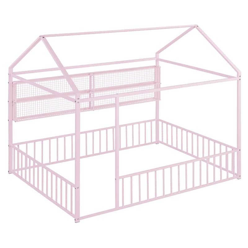 Full Size Metal House Platform Bed Frame with Storage Shelves,Fence and Shelves