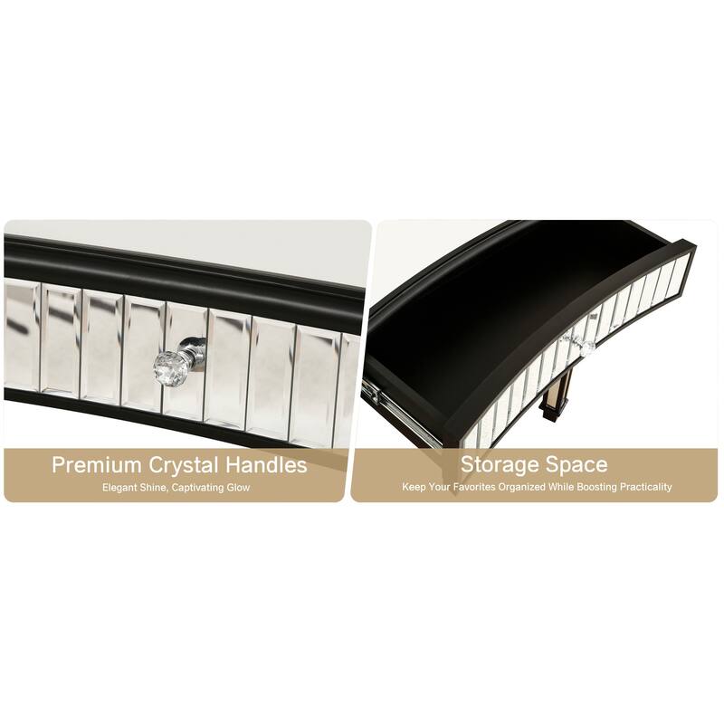 47" Half-Moon Mirrored Console Table with Crystal Knob Drawer