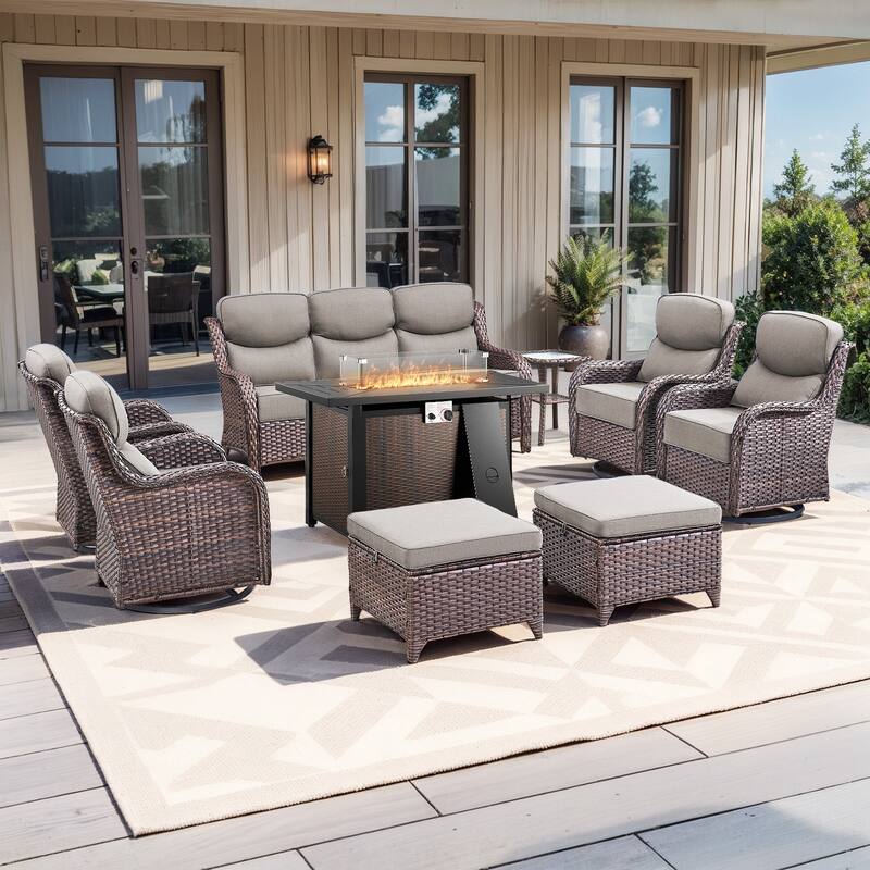 Pocassy Patio Sofa Swivel Chairs Ottoman w/ 43in Fire Table Set - Gray Cushion Brown Wicker - 9-Piece Sofa Siwvel Chair Ottoman w/ Fire Table