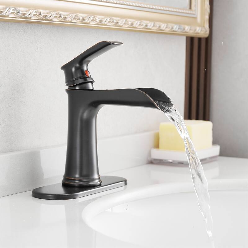 Single Handle Waterfall Bathroom Faucet with Drain Assembly Brass 1 Hole Modern Bathroom Sink Vanity Taps with Deck Plate