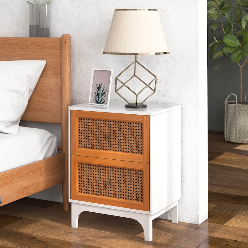 Costway 1/2 PCS Rattan Nightstand with Storage Wood End Sofa Side