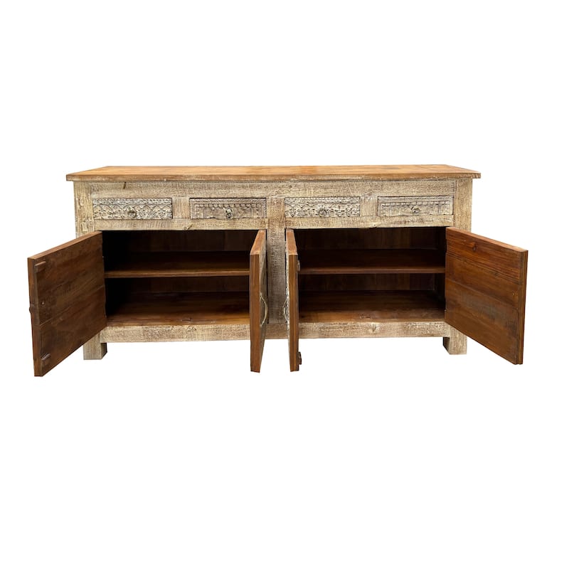 HomeRoots 74" Brown Distressed Solid Wood Carved Floral Four Drawer Sideboard with Four Doors