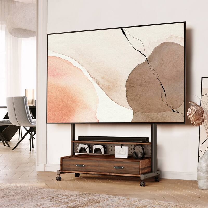 FITUEYES Mobile TV Stand for 70-100 inch Large TVs, Height Adjustable and Multi-functional with Wooden Large Drawer Storage