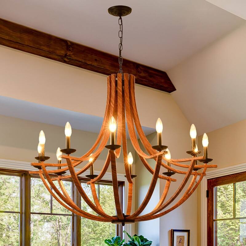 Modern Farmhouse Wood Chandeliers，Rustic Candle Chandelier - 12 Light-39.37in
