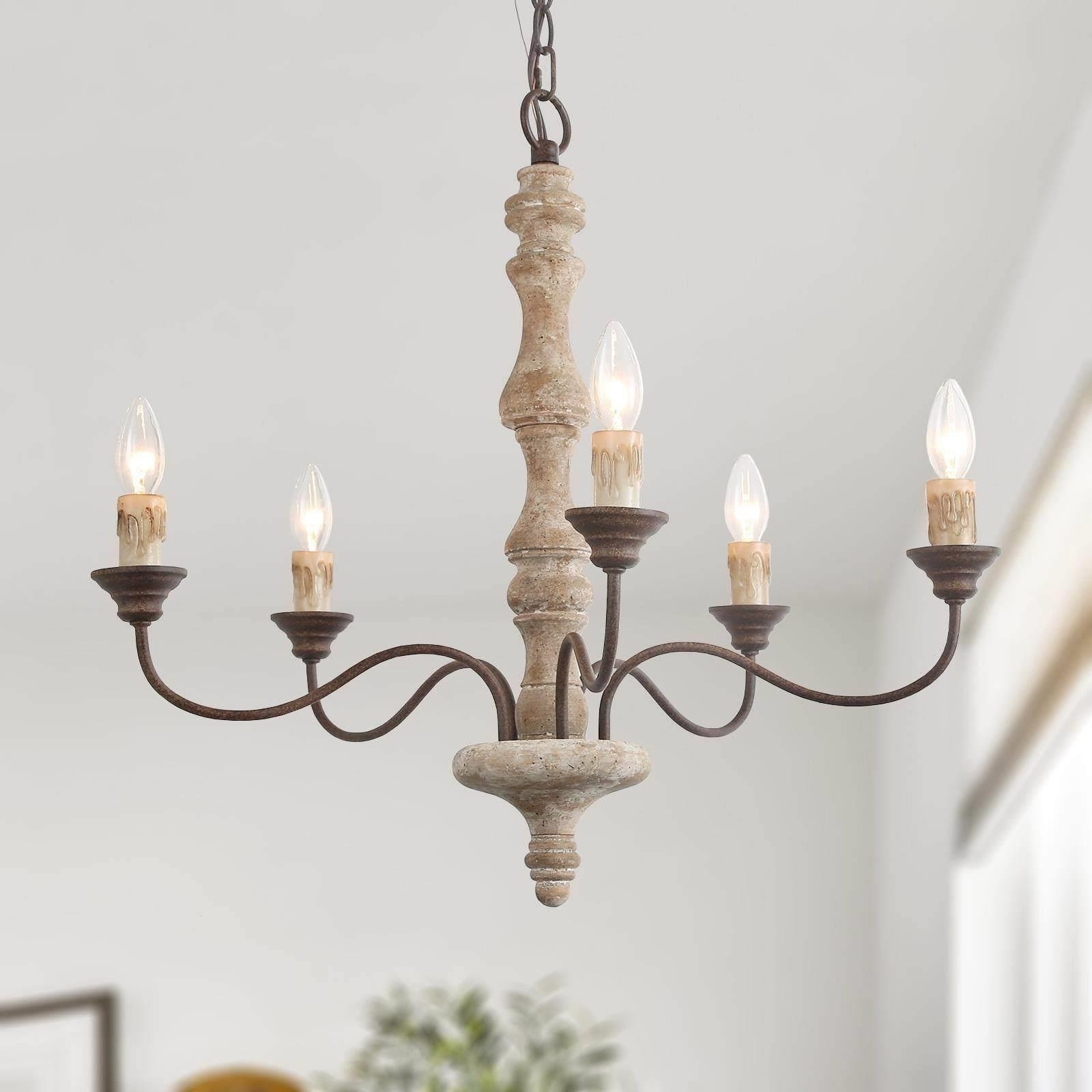 LALUZ Farmhouse 5-Light Wood Chandelier French Country Classic Candle Light