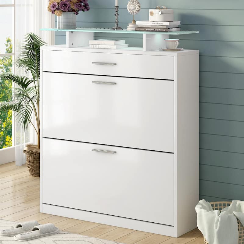 35 in.W Shoe Storage Cabinet with 2 Flip Drawers Tempered Glass Top - 2-Tier