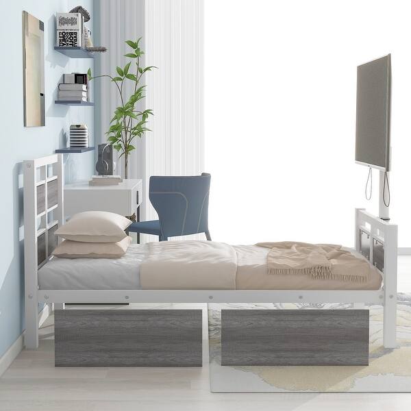 slide 2 of 24, Twin Size Metal Platform Bed w/ Rotatable TV Stand Storage Bed Frame