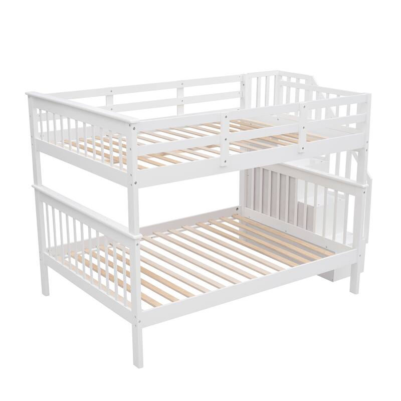 Full-Over-Full Bunk Bed with Storage Stairs and Guard Rail, White