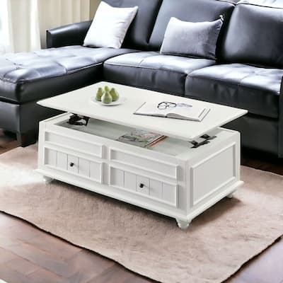 HomeRoots 48" White Solid And Manufactured Wood Lift Top Coffee Table With Two Drawers - 48