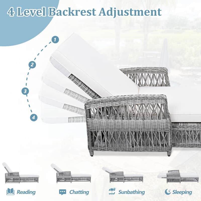 Outdoor Long Reclining Chaise, Wicker Lounge with Armrests, Patio Adjustable Recliner with Cushions