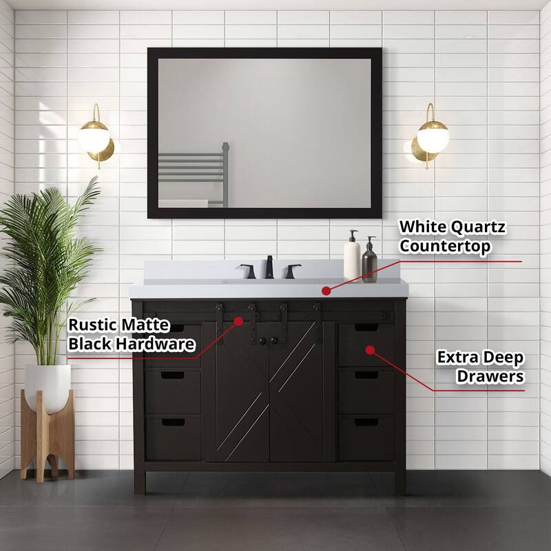 Marsyas 48 in W x 22 in D White Bath Vanity, Grey Quartz Countertop, Faucet Set and 44 in Mirror