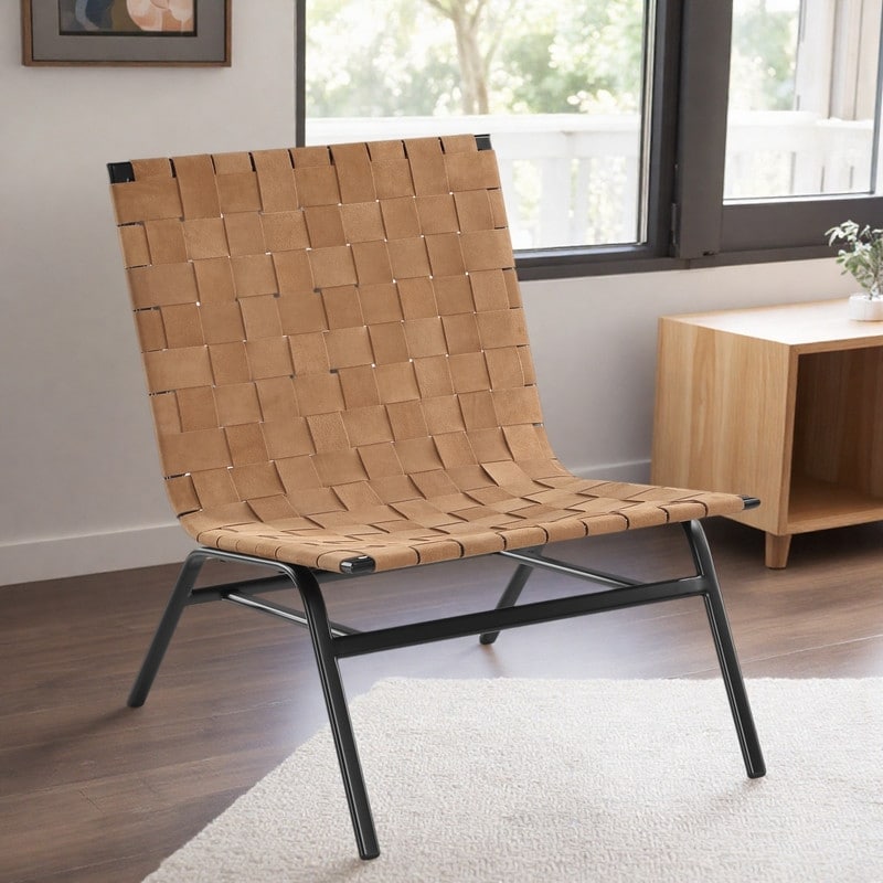 29.25" Leather Woven Accent Chair with Basket Weave Straps and Powder-Coated Metal Frame and Plastic Foot Glides