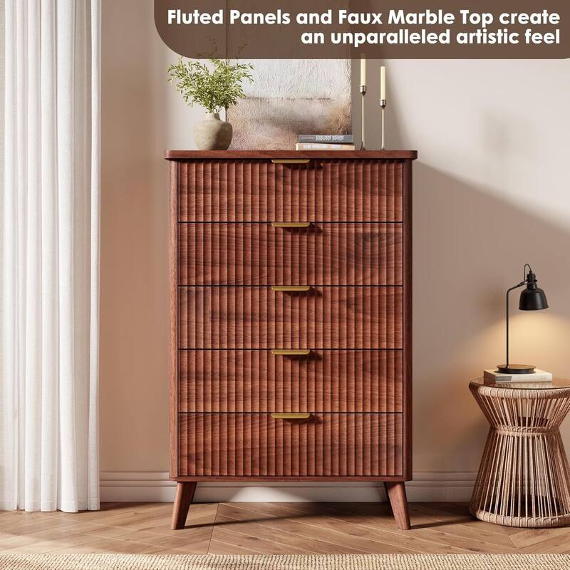 Modern Fluted 5 Drawers Dresser for Living Room, Bedroom