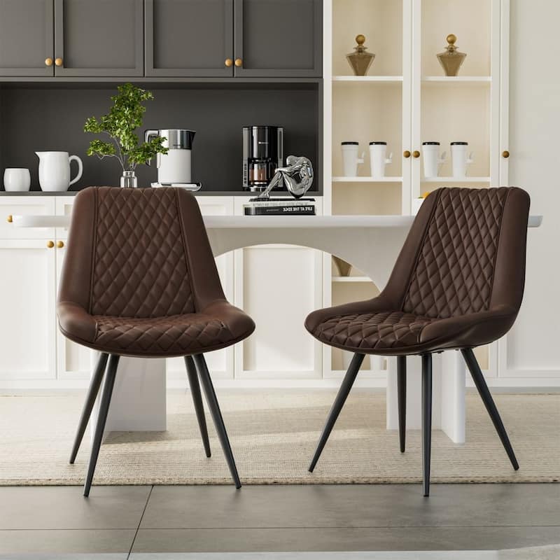 Leather Dining Chair with Metal Legs （Set of 2） - Dark Brown