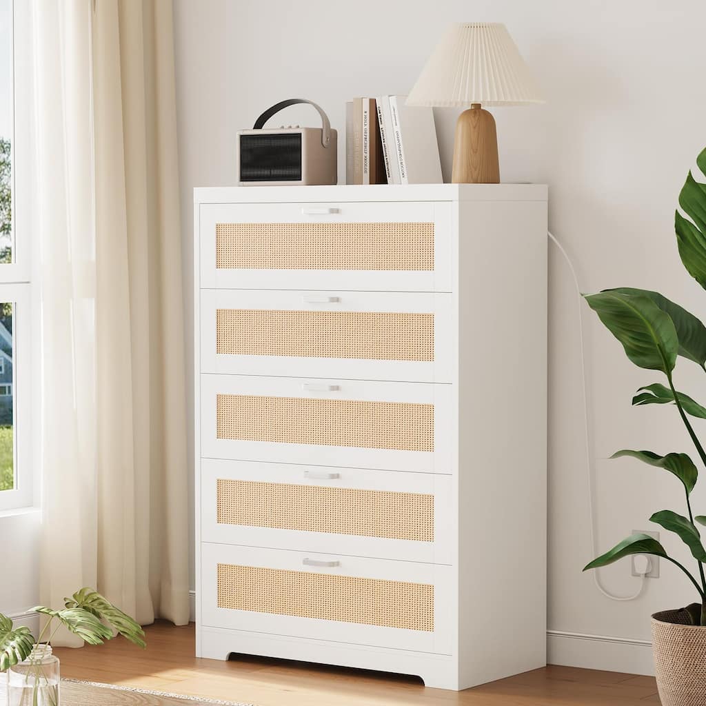 4/5 Drawer Rattan Dresser for Bedroom, Wood Dresser Chest of Drawers with Power Outlets