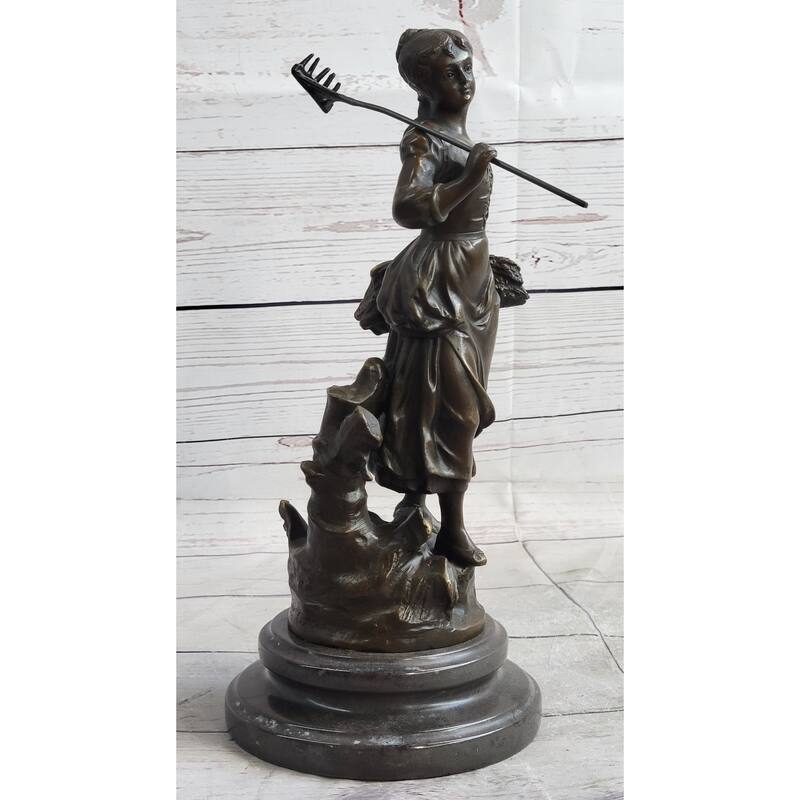 Peasant Farmer Girl W/ Rake Harvest Bronze Statue Sculpture Figure Desmure 12 Inches X 6 Inches