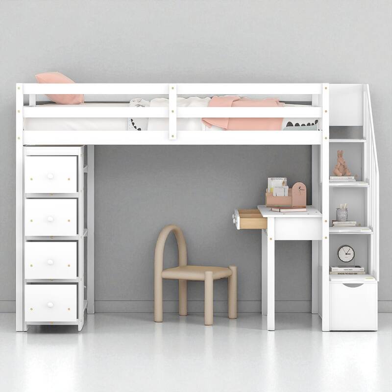 Twin Size Loft Bed with Desk, Storage Drawers, Shelves & Stairs, Wooden Frame for Kids & Teens