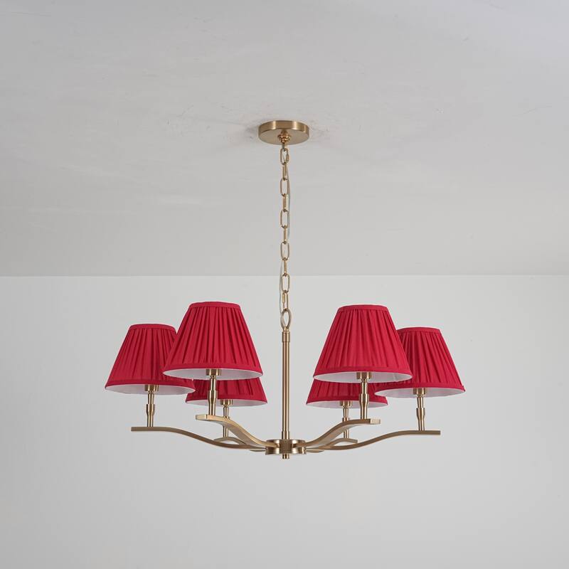 31.5" W Mid-Century Traditional Brass Finish Dimmbale Chandelier with Red Pleated Fabric Shades for Living & Dining Room