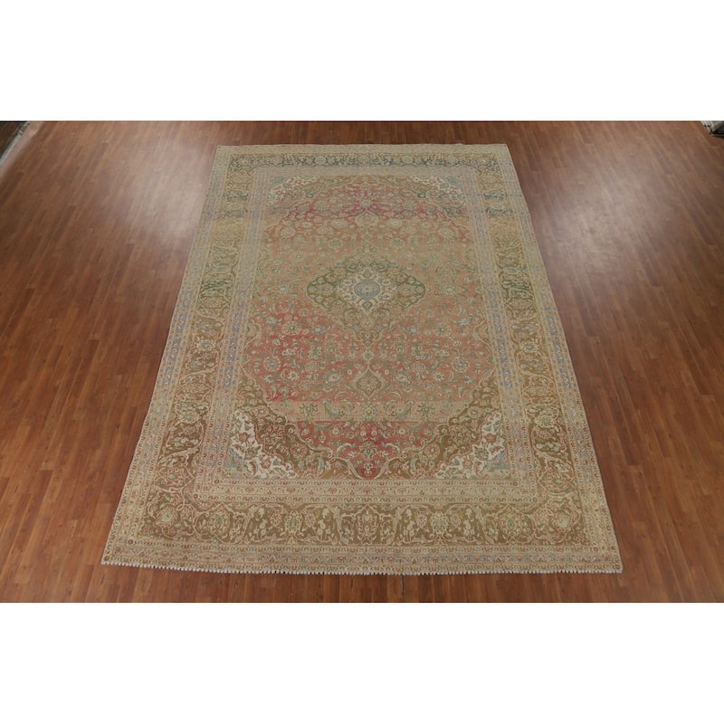 Traditional Kashan Distressed Vintage Persian Rug Handmade Wool Carpet - 9'4" x 13'1"