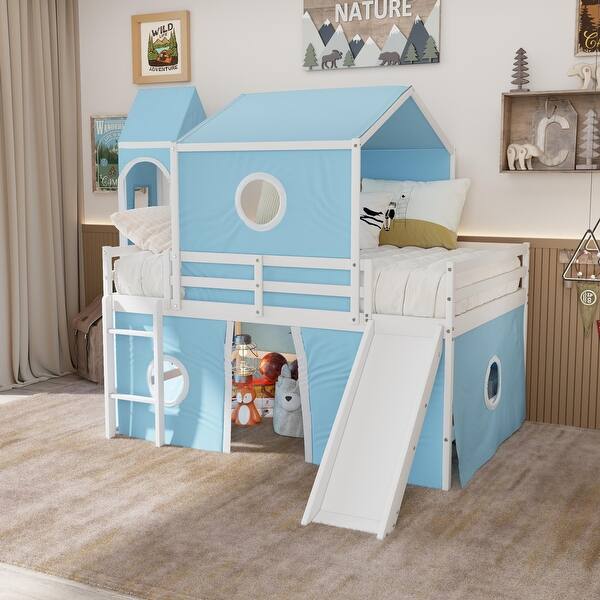 slide 2 of 30, Wood Loft Bed with Slide, Blue Tent and Tower Blue