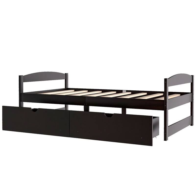 Twin Size Platform Bed with 2 Drawers in Espresso Finish, Space-Saving Storage