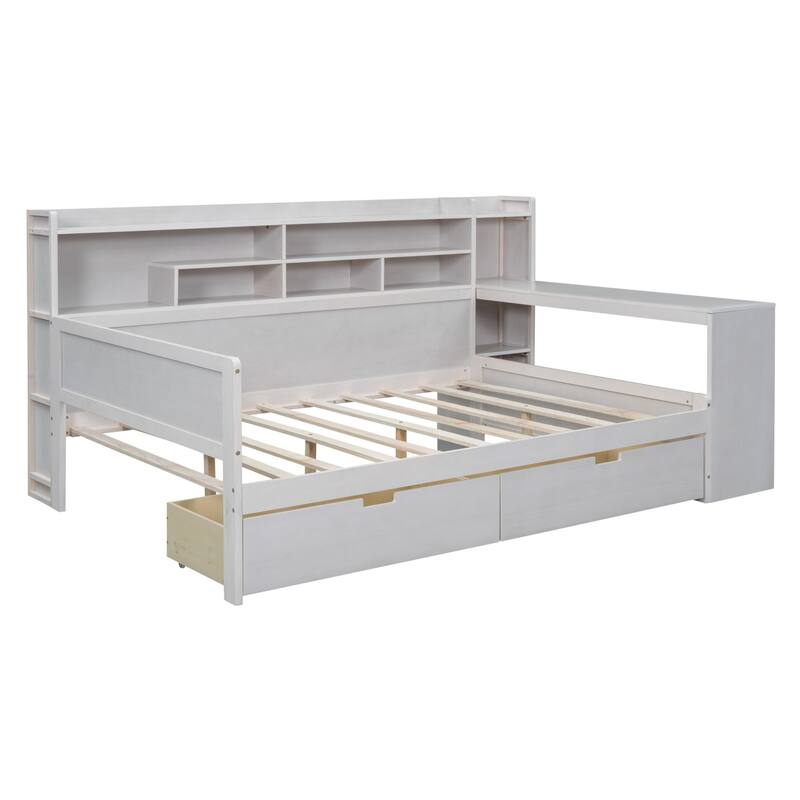 Wooden sofa bed with two storage drawers and desk
