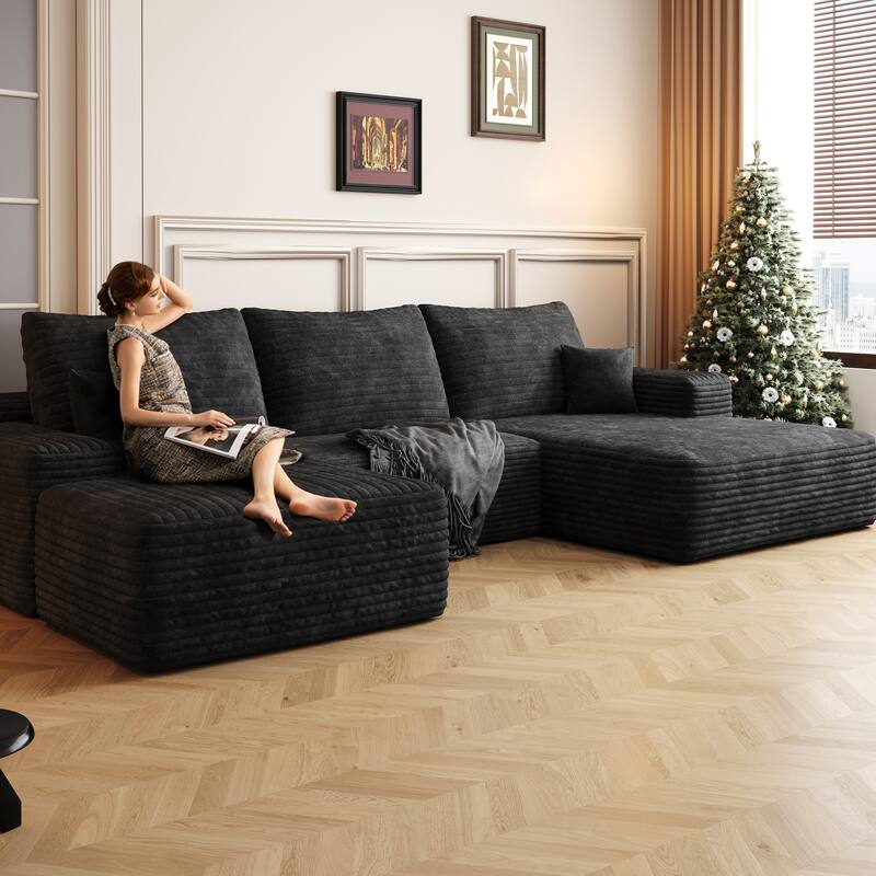 Modern Corduroy Compression Chaise Couch, U-shaped Sectional Sofa with Ottoman and Pillows Backrest for Living Room