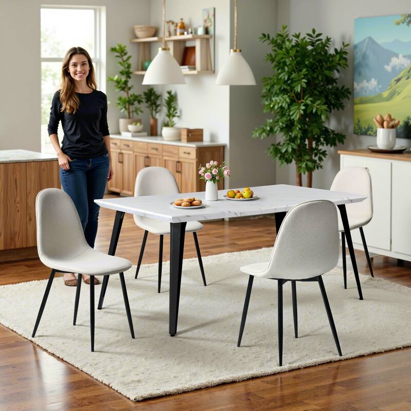 Homy Casa 5-Piece Dining Room Set with Modern White Table and 4 Upholstered Side Chairs