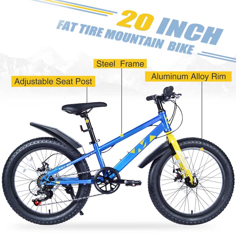20-Inch Kids Mountain Bike, Fat Tires, Shimano 7-Speed, Dual-Disc Brakes, for Boys and Girls, Ages 5+