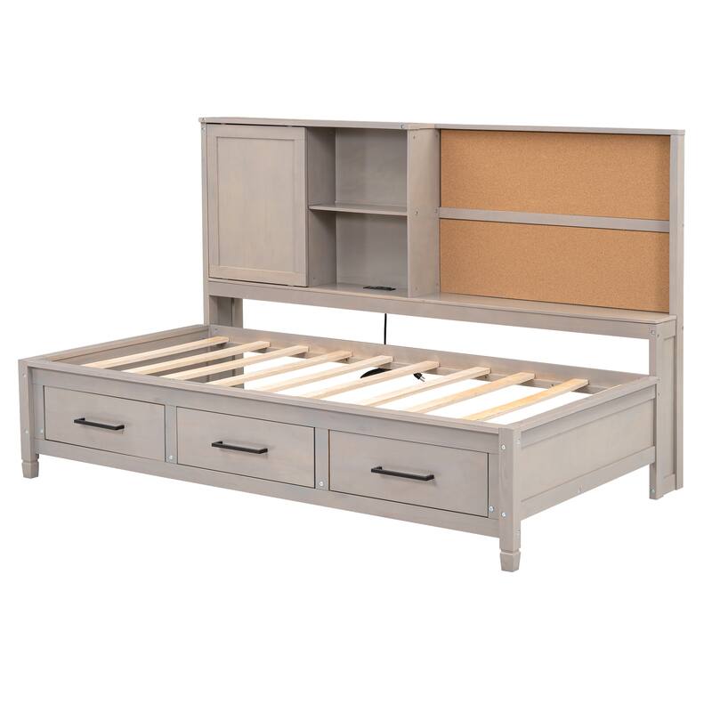 Twin Size Lounge Daybed with Storage Shelves, USB Ports, 3 Drawers
