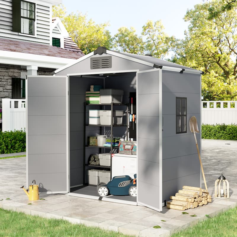Erommy Outdoor Storage Shed with Built-In Floor, Lockable Double Doors & Sloped Roof - 6'x4' - Grey