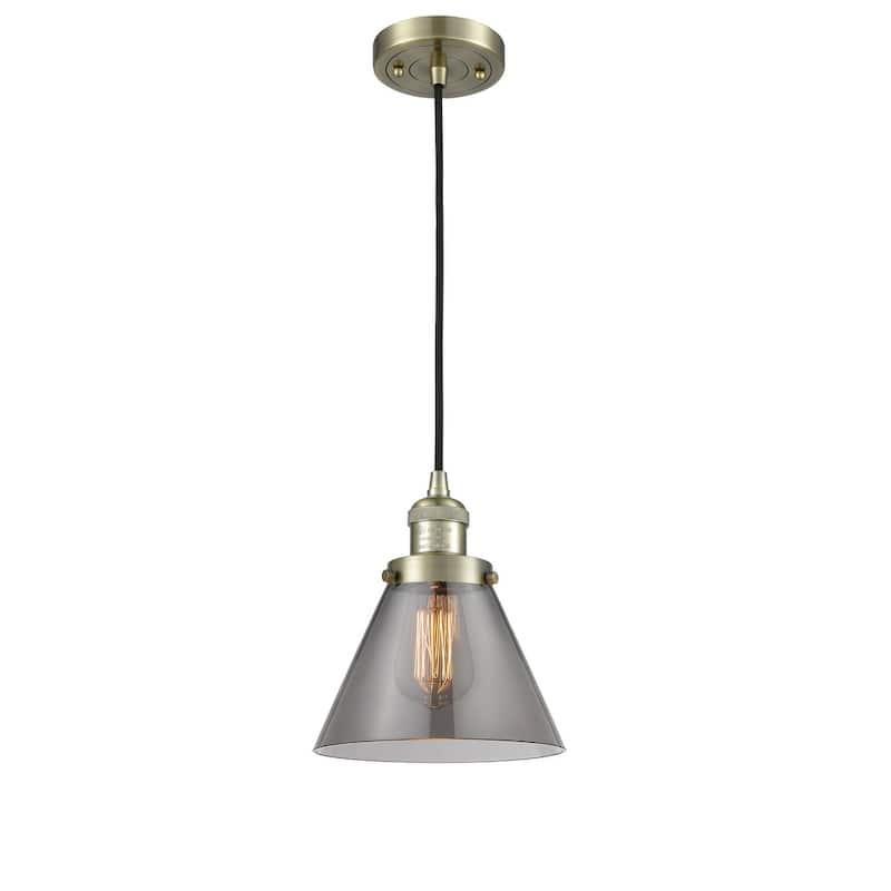 Innovations Lighting Large Cone 8" Wide Mini Pendant - Cord Suspension - Antique Brass / Smoked
