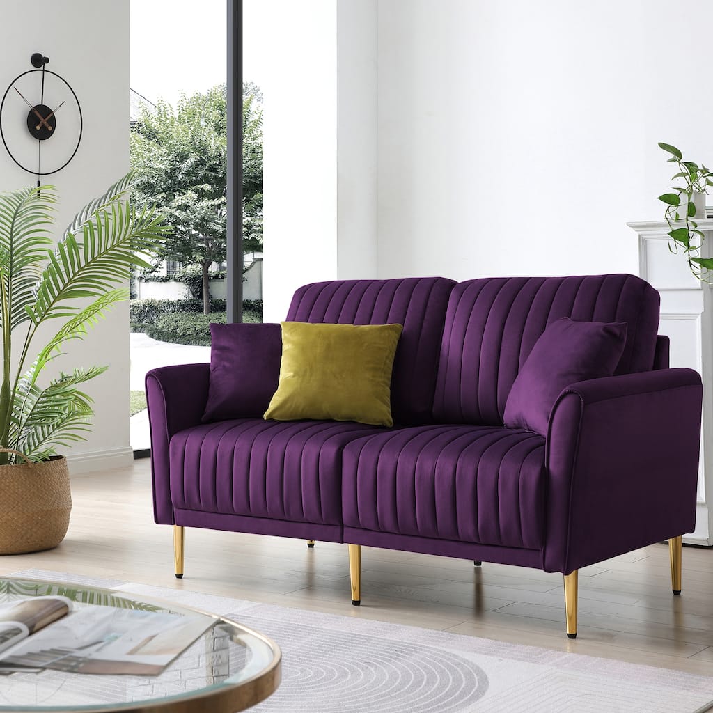 Eggplant Velvet Round Arm Loveseat 2 Seat Sofa with 2 Throw Pillows