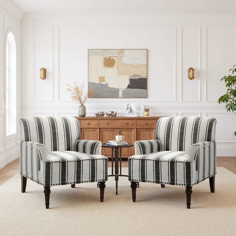 Set of 2 Stripe Linen Accent Arm Chairs with Nailhead Trim and Wood Legs - BLACK