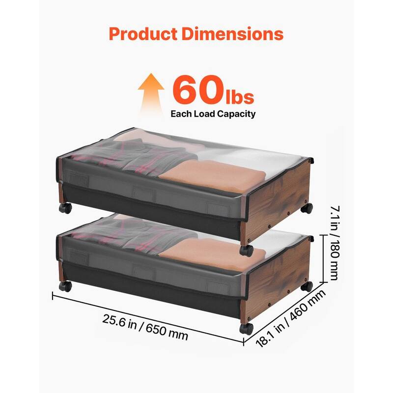 2-Pack Under Bed Storage Boxes with Label Slots Wheels and Clear Lid Fits Clothes Shoes Toys - 25.6 x 18.1 x 7.1 inch